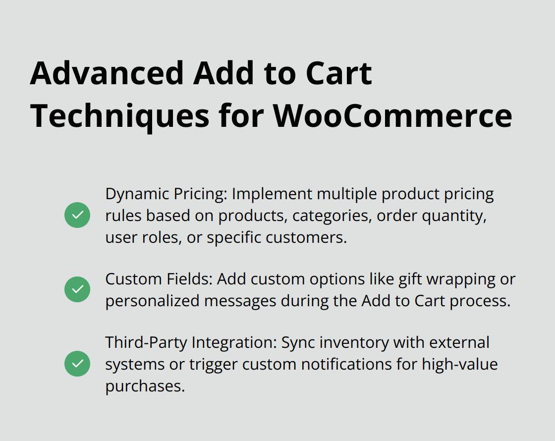 Checkmark list chart showing advanced Add to Cart techniques for WooCommerce: Dynamic Pricing, Custom Fields, and Third-Party Integration. - add to cart hook woocommerce