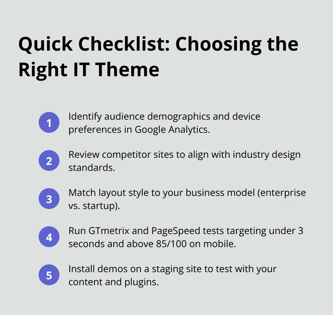 Compact step-by-step checklist for selecting an IT WordPress theme - best it wordpress themes