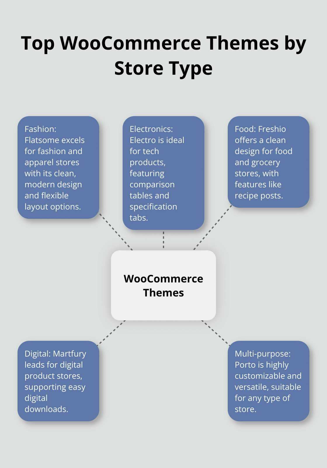 Hub and spoke chart showing recommended WooCommerce themes for different store types