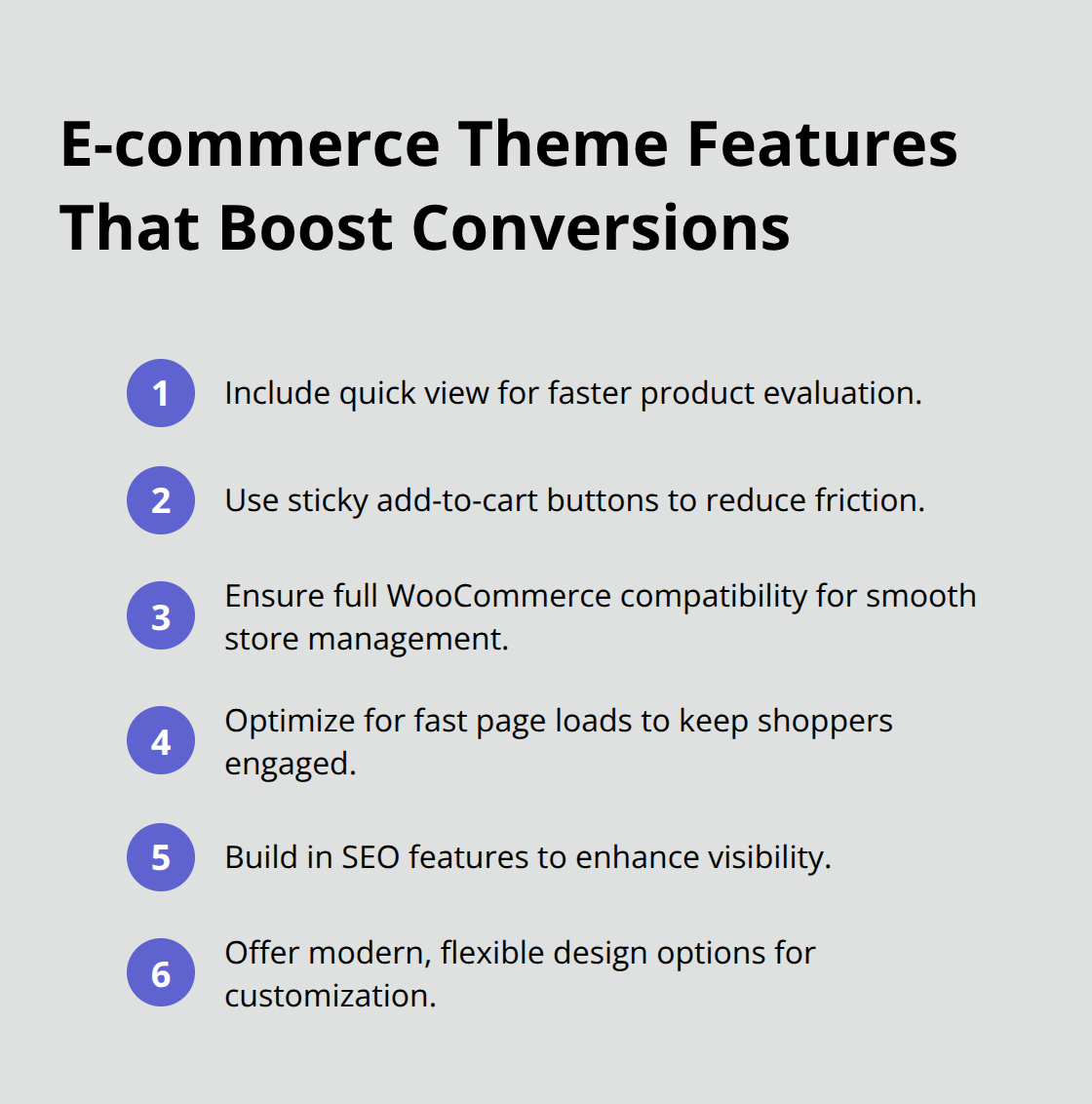 Compact list of conversion-focused features for WordPress e-commerce themes