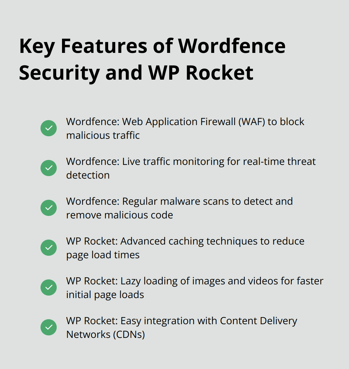 A checklist of key features offered by Wordfence Security and WP Rocket for WordPress security and performance - top free wordpress plugins