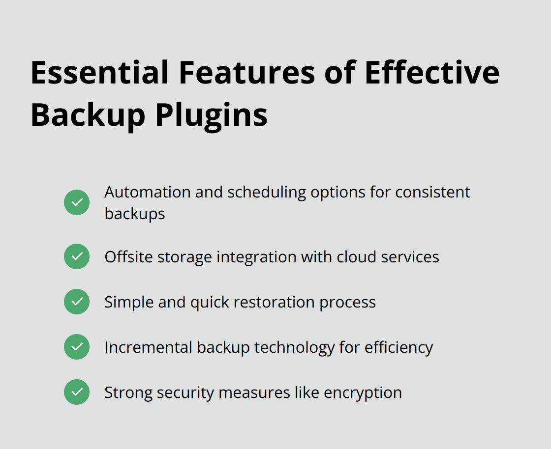 Checkmark list of key features that make a WordPress backup plugin effective