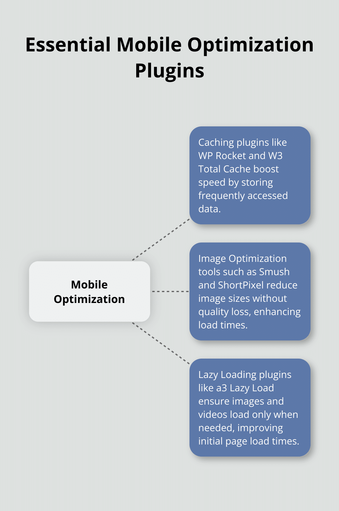 Hub and spoke chart showing key mobile optimization plugins: Caching, Image Optimization, and Lazy Loading