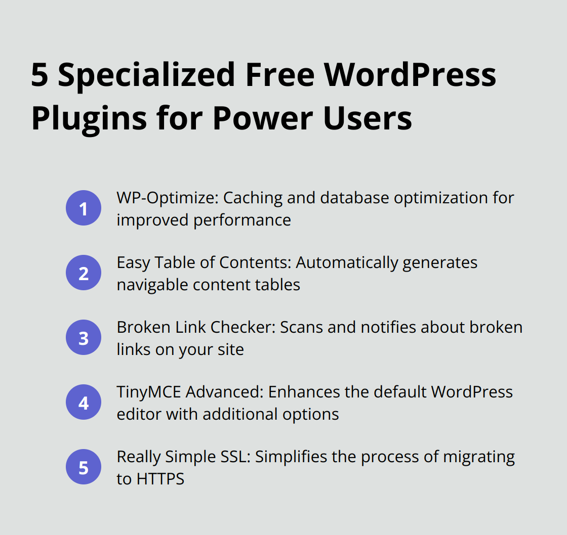 Ordered list of 5 specialized free WordPress plugins: WP-Optimize, Easy Table of Contents, Broken Link Checker, TinyMCE Advanced, and Really Simple SSL - wordpress plugins free download